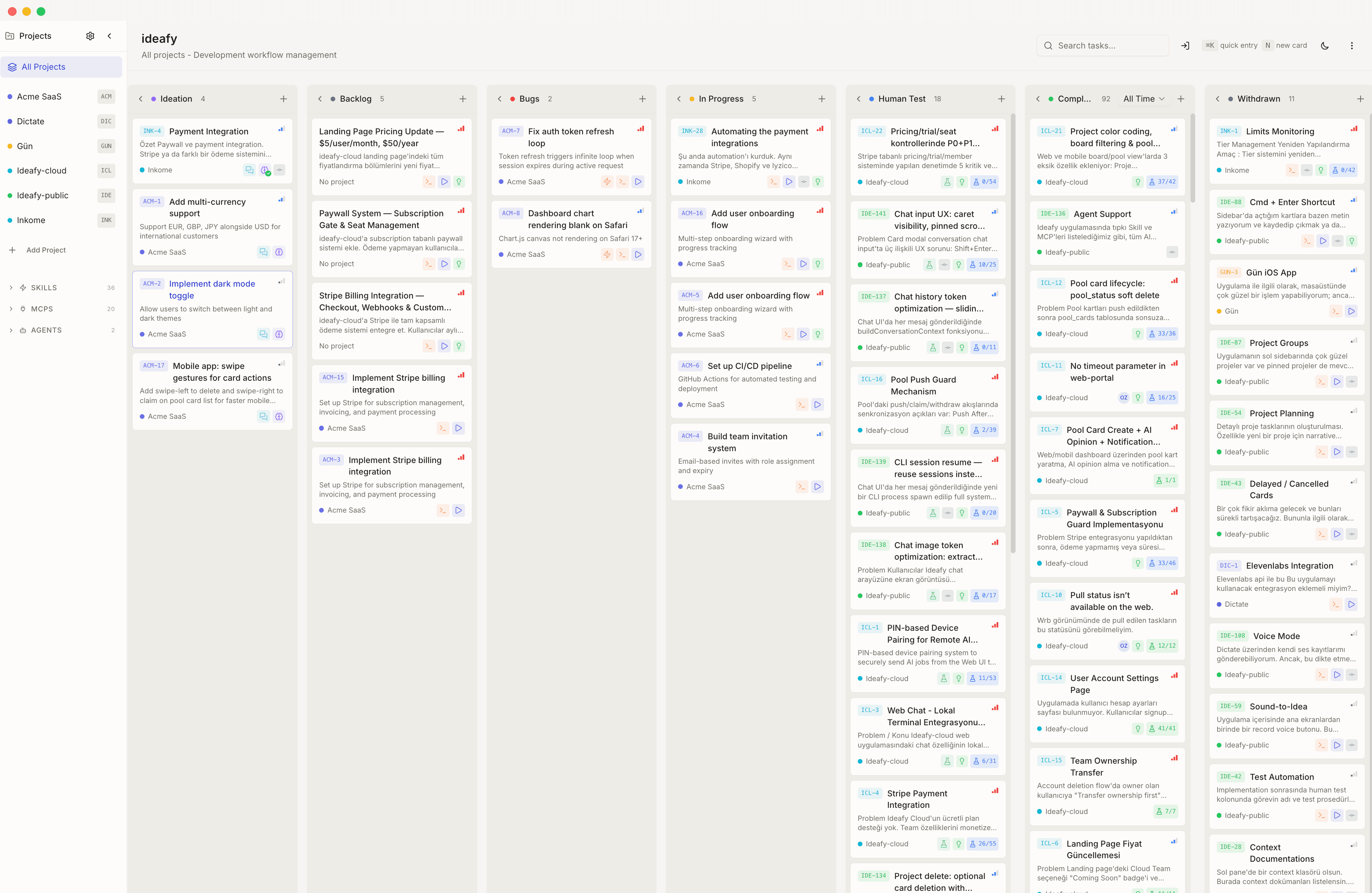 The Ideafy board in day mode, showing all seven columns including Ideation, Backlog, Bugs, In Progress, Human Test, Completed, and Withdrawn