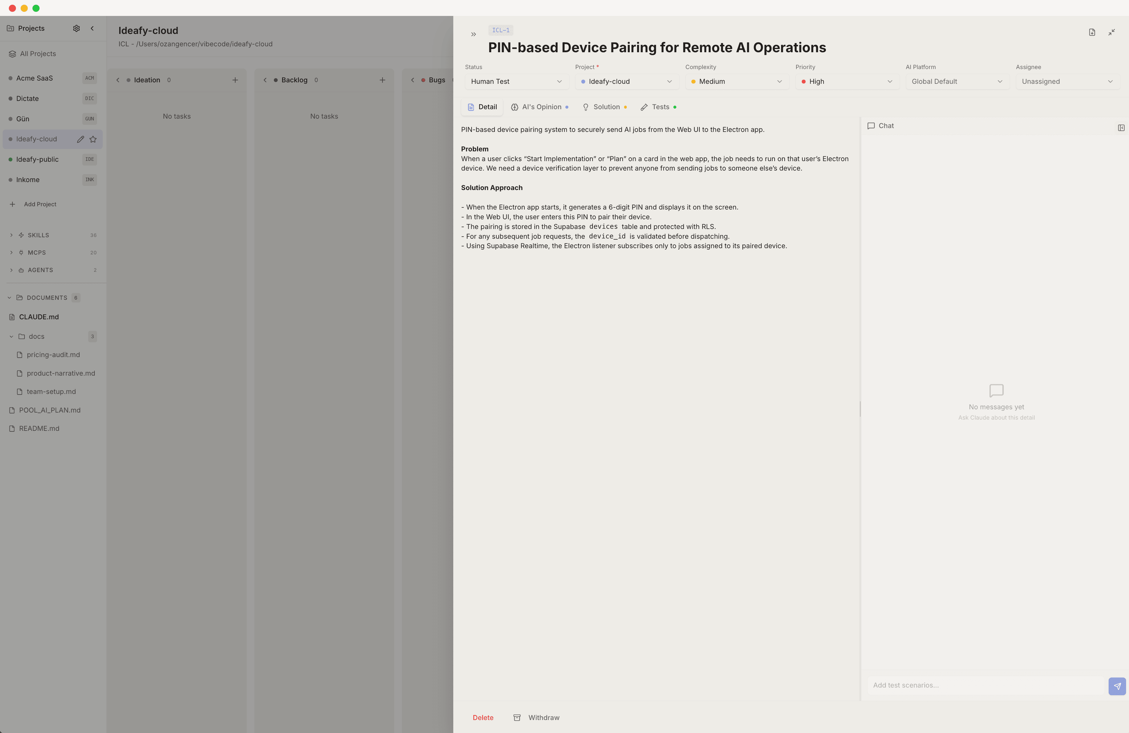 The Detail tab of an Ideafy card titled PIN-based Device Pairing for Remote AI Operations, showing description, constraints, and context fields