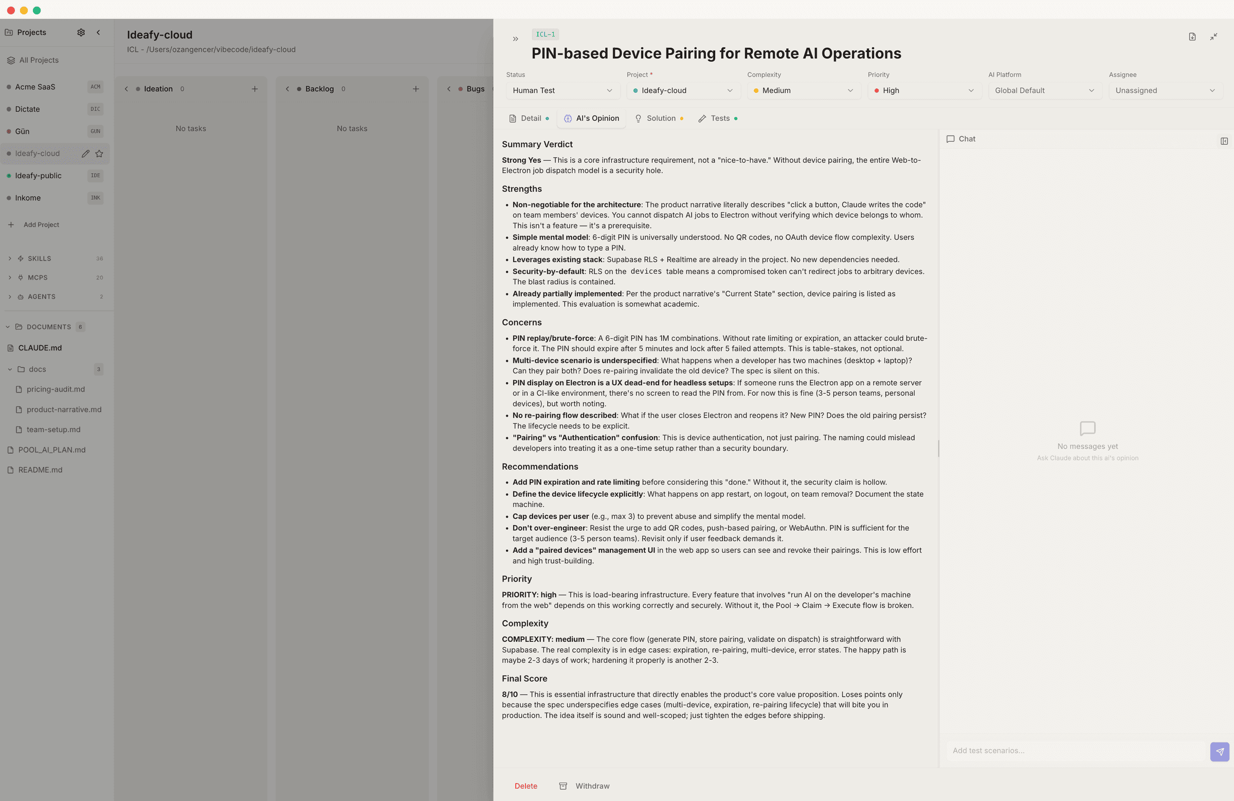 The AI Opinion tab of the same card, showing a Strong Yes verdict with strengths, recommendations, priority, complexity, and risk score sections