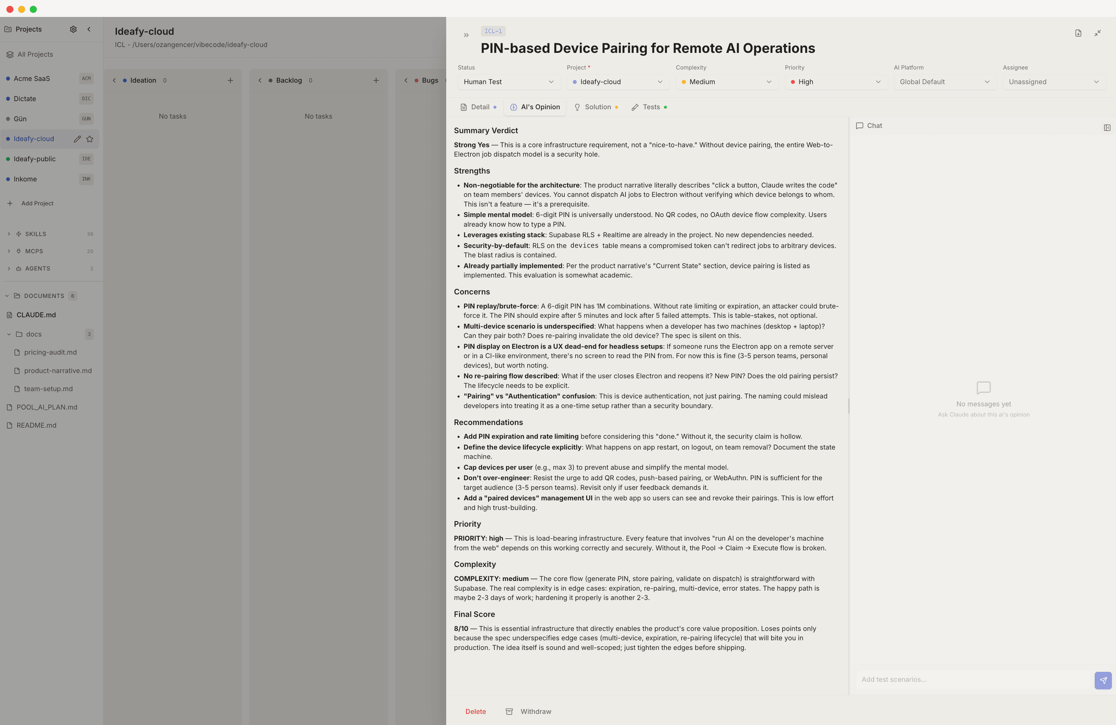 The AI Opinion tab of the same card, showing a Strong Yes verdict with strengths, recommendations, priority, complexity, and risk score sections