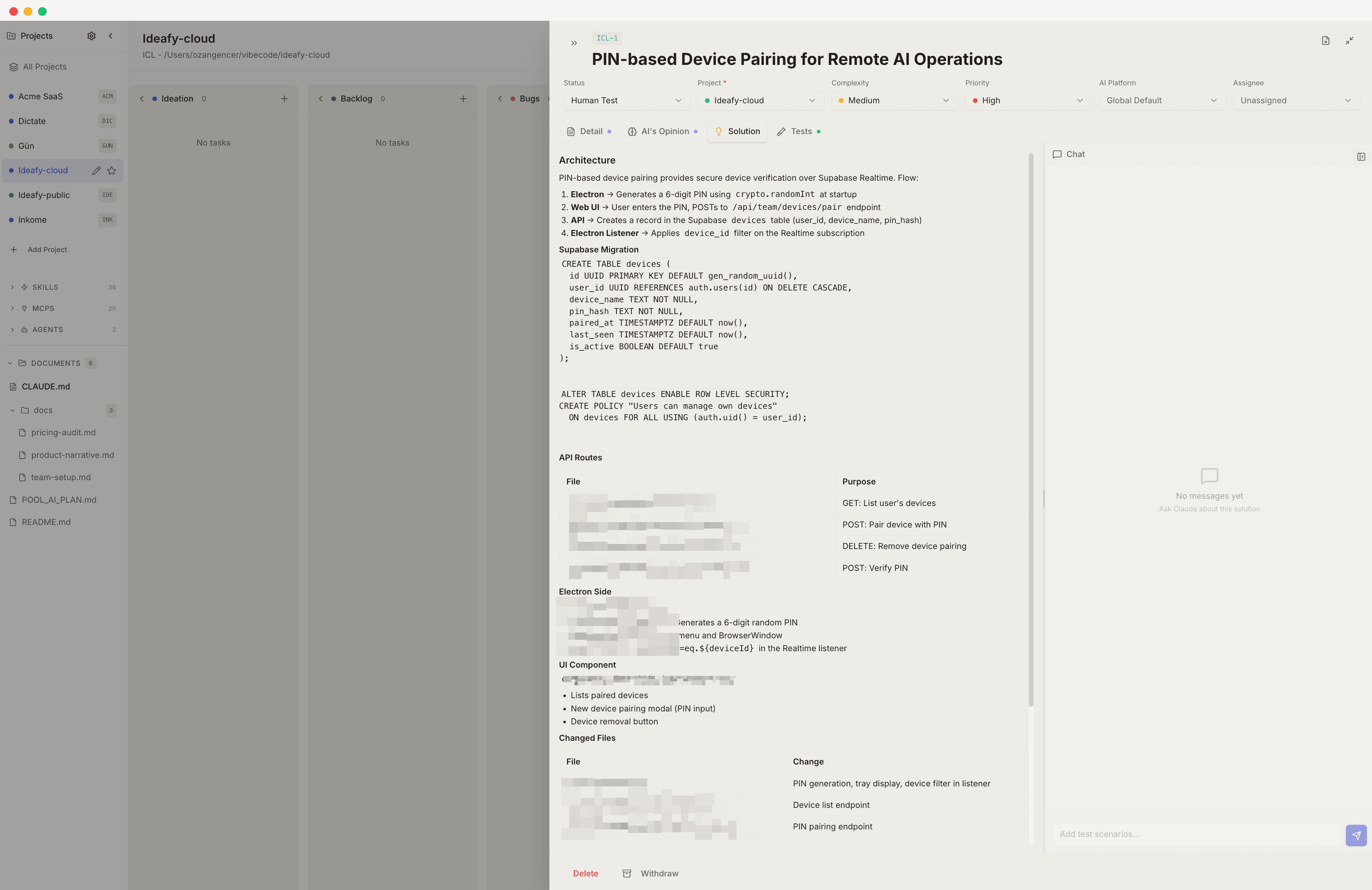 The Solution tab of the same card, showing the architecture, electron parts, components, and file changes for the implementation
