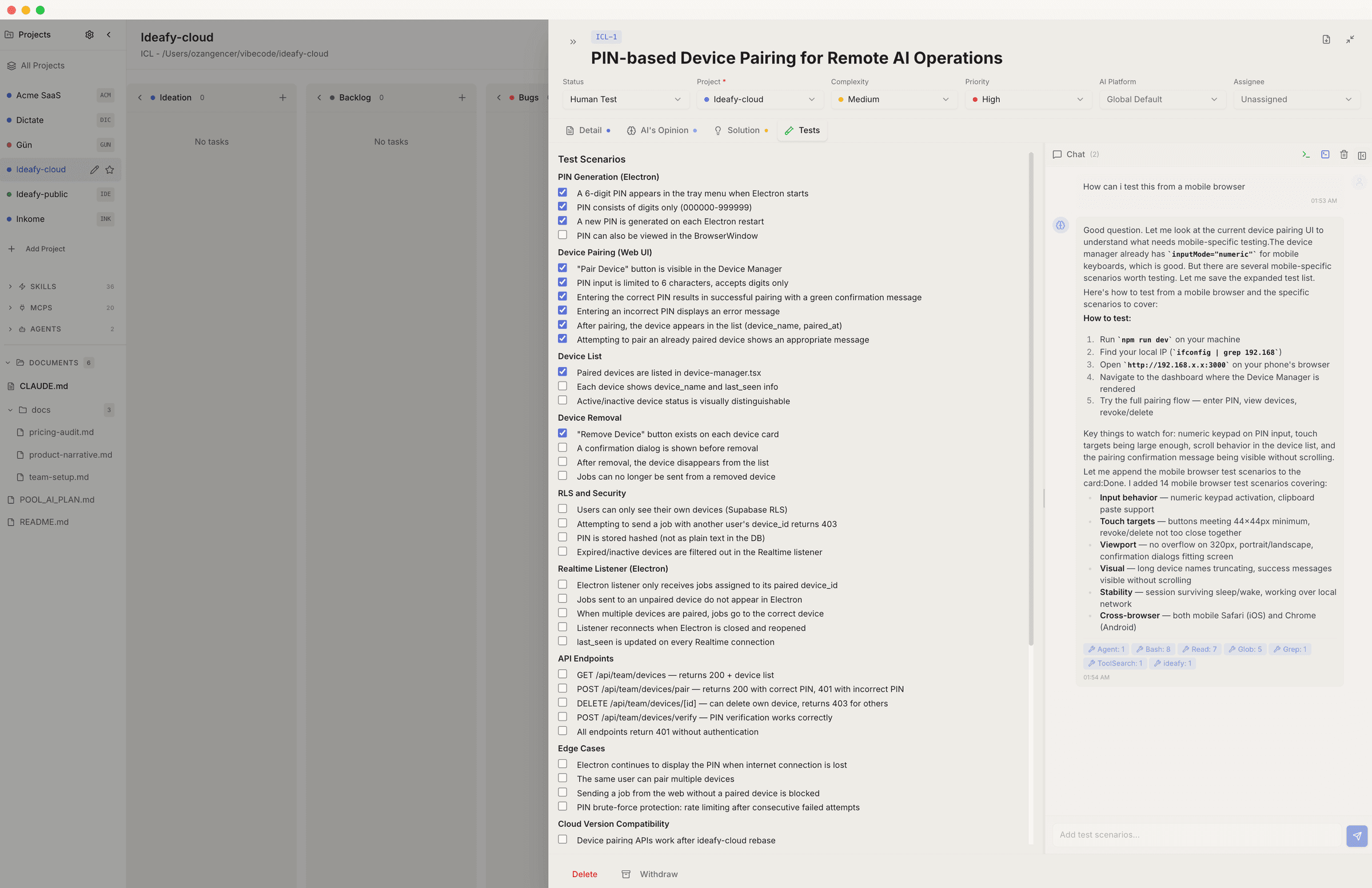 The Tests tab of the same card, showing PIN generation tests, device pairing tests, security tests, and edge cases