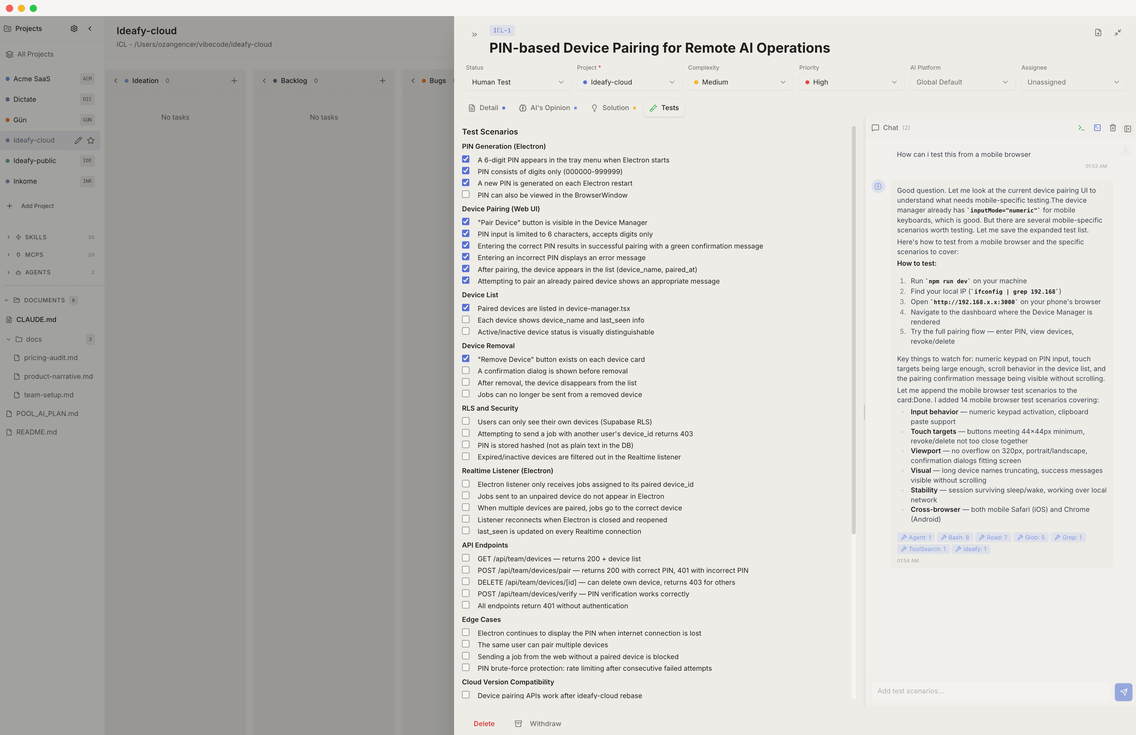 The Tests tab of the same card, showing PIN generation tests, device pairing tests, security tests, and edge cases