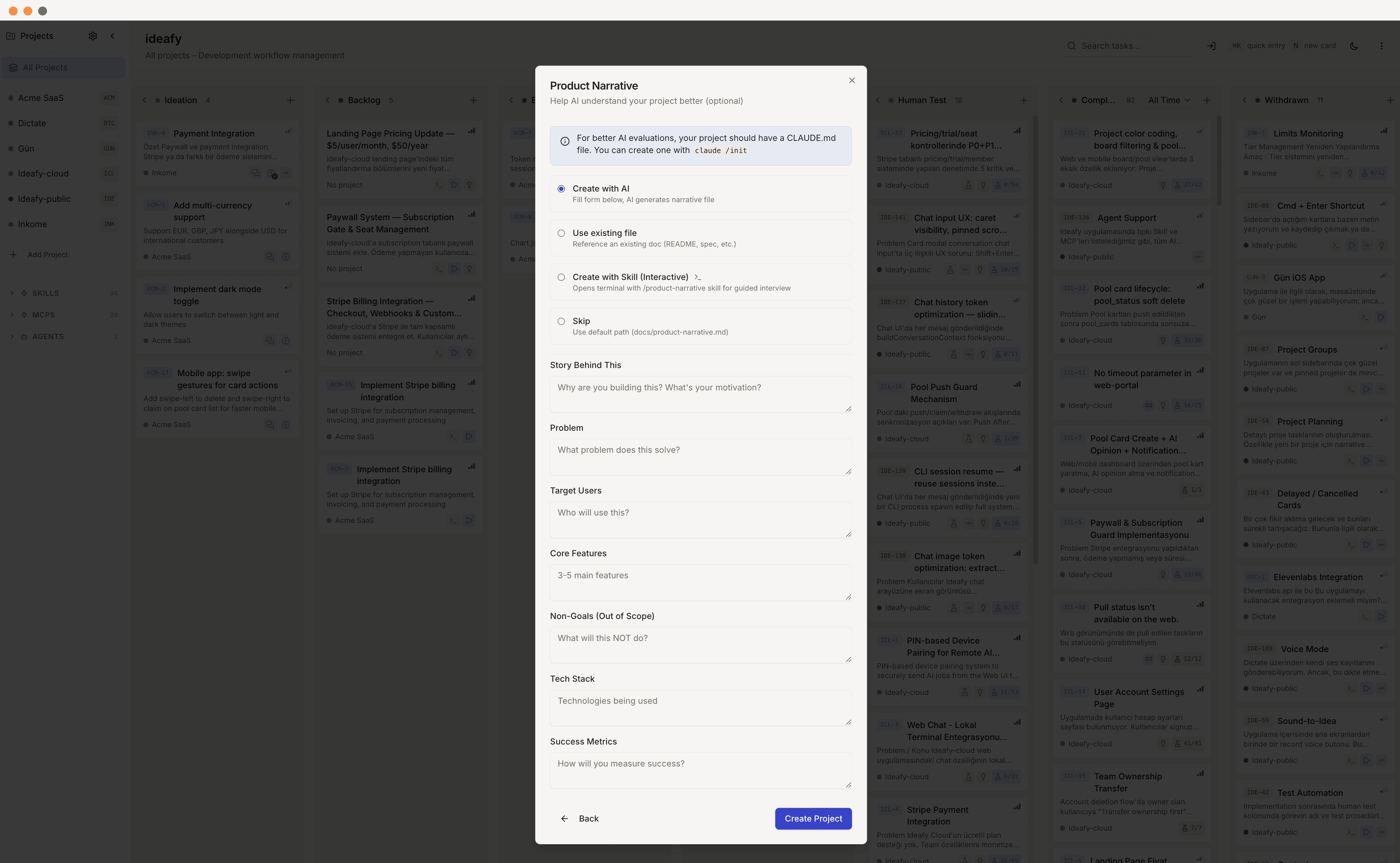The Product Narrative being written interactively on first run, with story behind, problem, target users, core features, non-goals, tech stack, and success metrics fields