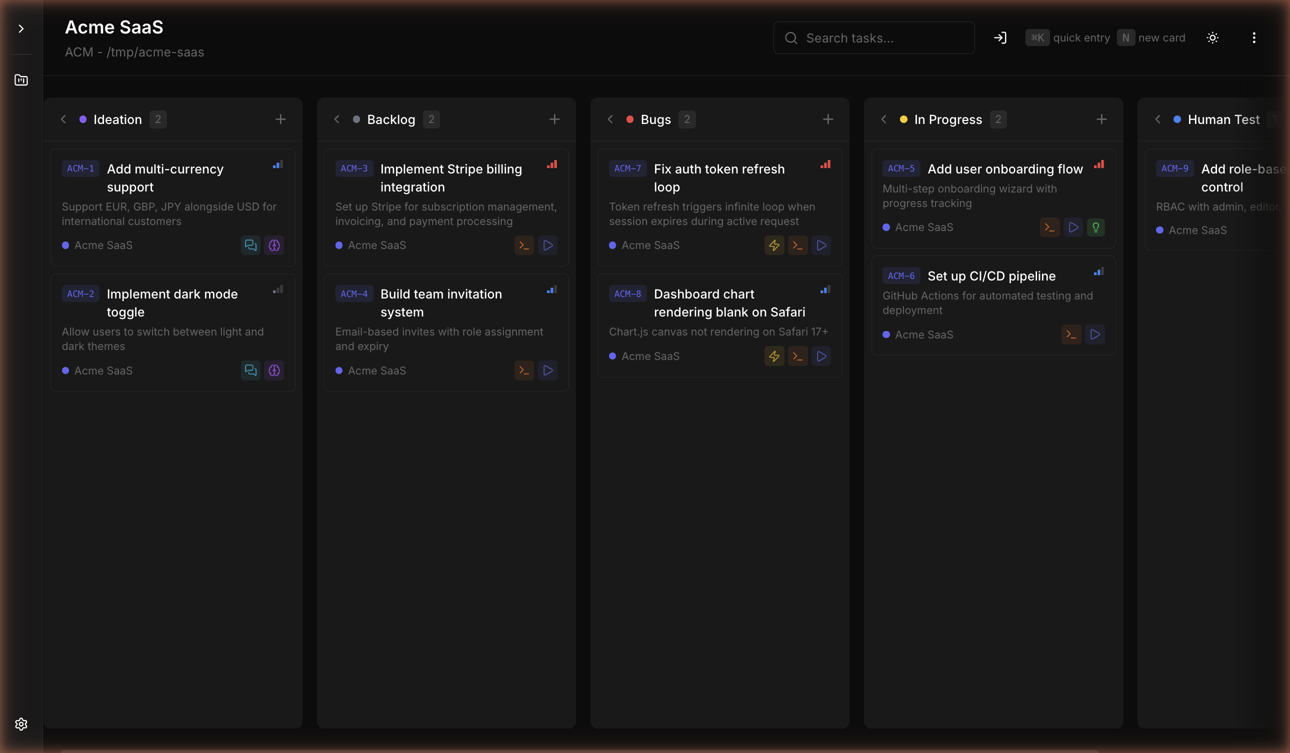 ideafy kanban board with 6 columns and task cards