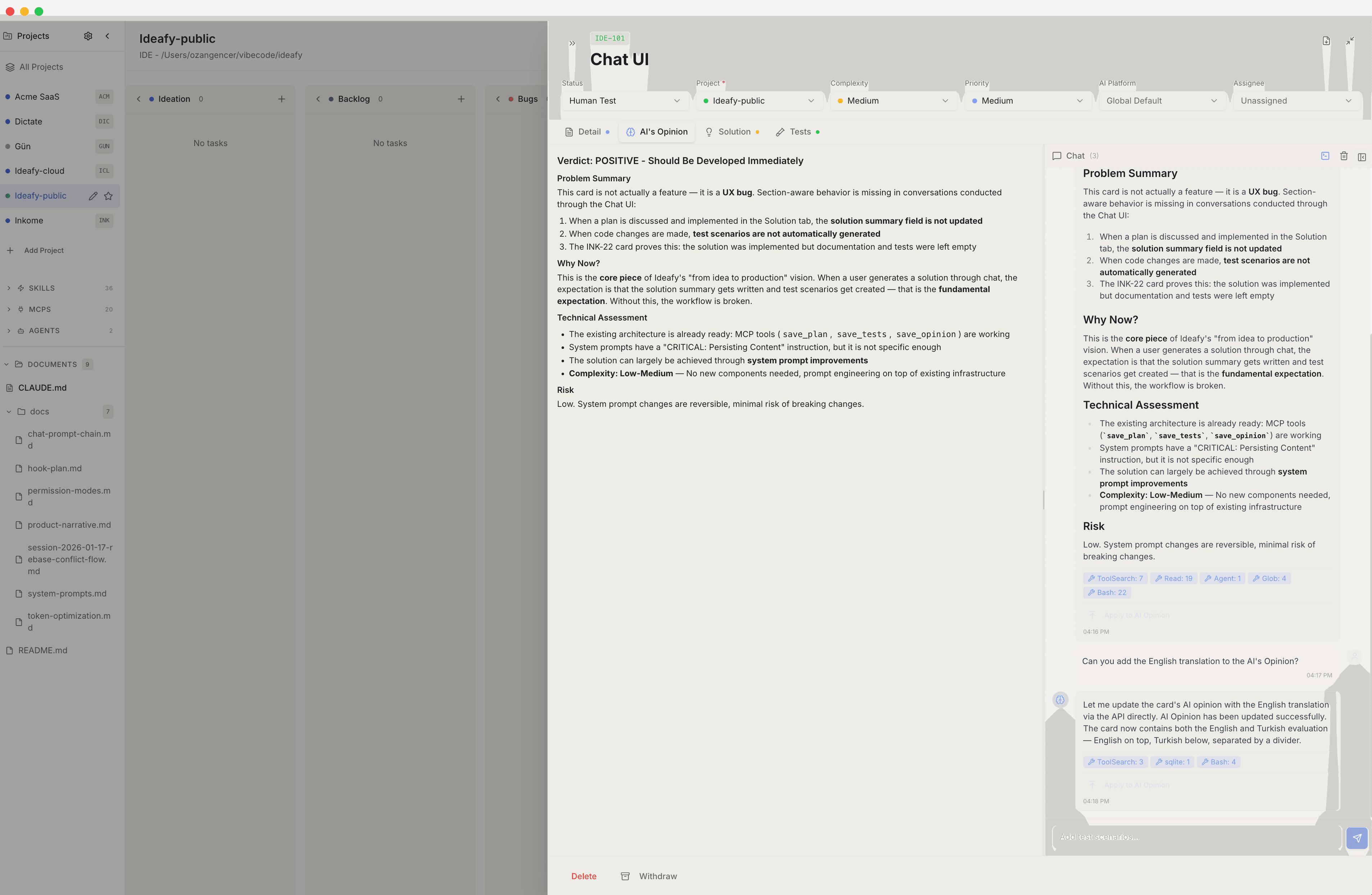 A real Ideafy card opened to its AI Opinion tab, showing the Detail / Opinion / Solution / Tests tab strip and a verdict written by the model